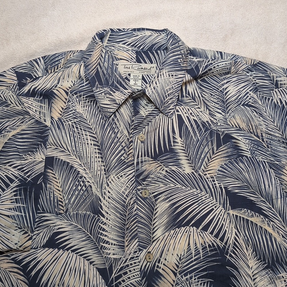 Tori Richard Mens Short Sleeve Hawaiian Button Up Dark Blue Palm Tree Print Sz L